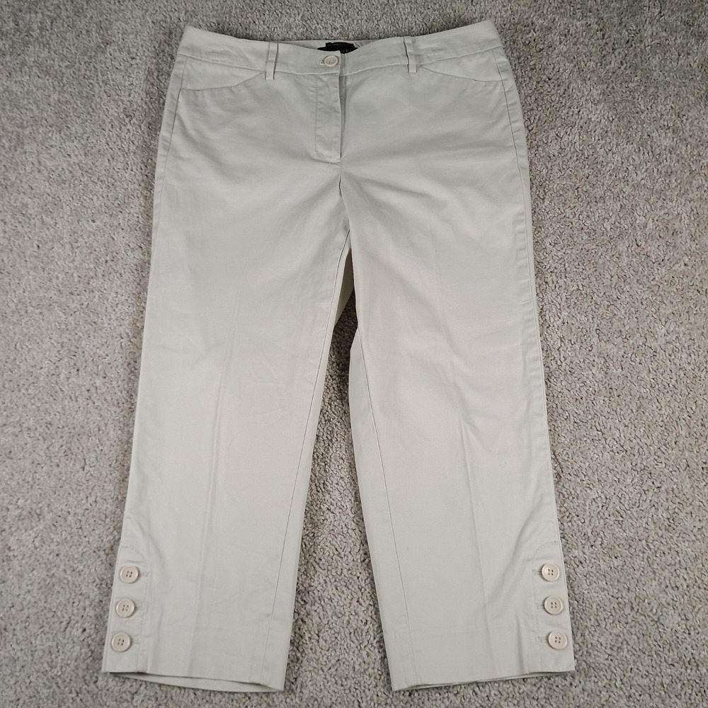 Talbots Perfect Skimmer Pants Womens 8 Ivory Cropped Stretch Button Hem
